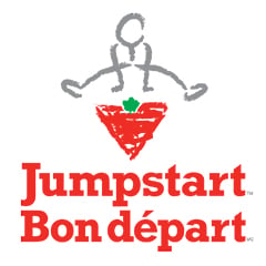 Logo for Jumpstart bon depart showing a sketch of a child leapfrogging a strawberry