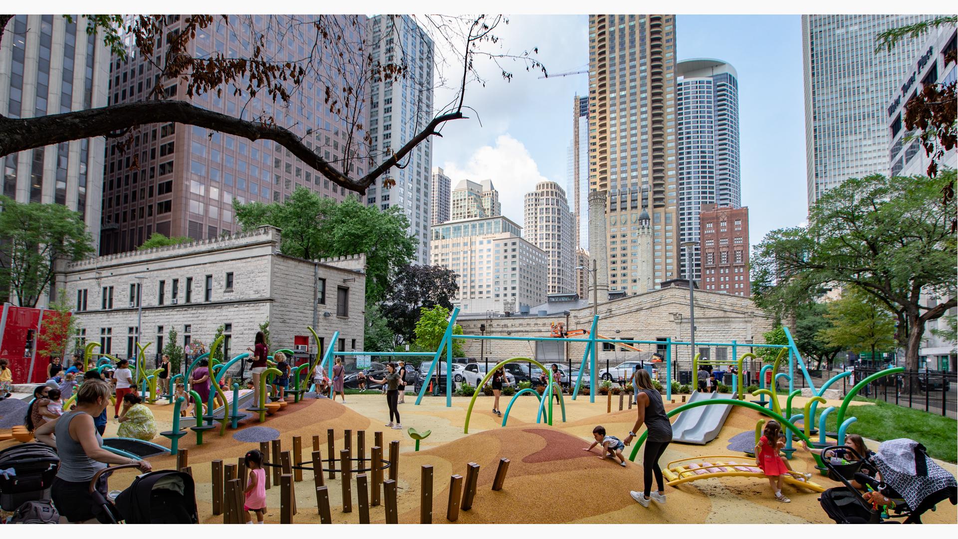 Seneca Park, Eli M. Schulman Playground w/Chicago skyline behind