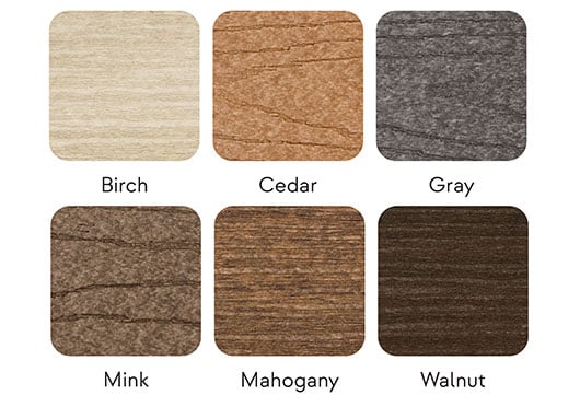Six squares representing color swatches of a wood-grain material