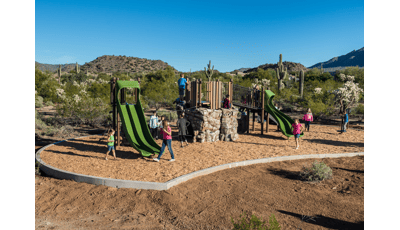 Mimicking the desert landscape around it, Desert Arroyo Park in Mesa, AZ features a natural play experience. Attached directly to the PlayBooster® playstructure, the Canyon Collection® kindles the spirit of adventure while encouraging continuous play that's both physical and imaginative.