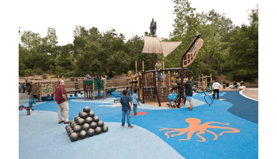 Kids of all abilities play on this Pirate-themed play structure. Filled with ramps, all children can have adventures.