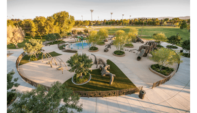 Large, sprawling nature-inspired park.  Includes a Log Crawl Tunnel, Log Tunnel Slide, Mushroom Steppers, Log Balance Beam and a Log Stacker. Unique and customized tree stumps scatter around the play area, and logs are made out of our durable, long-lasting Glass Fiber Reinforced Concrete.